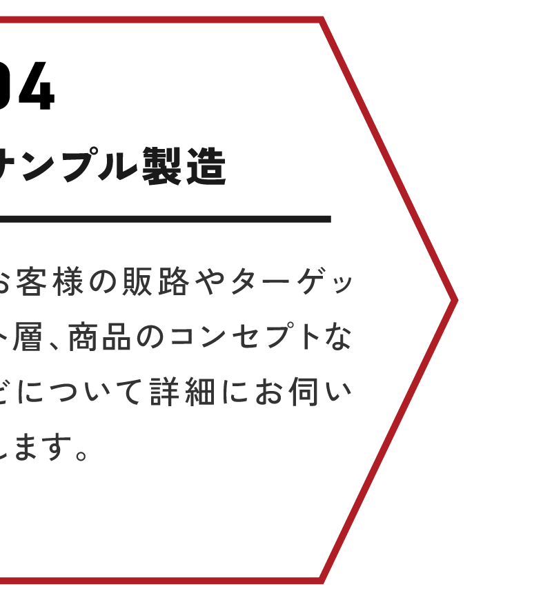 サンプル製造/お客様の販路やターゲット層、商品のコンセプトなどについて詳細にお伺いします。